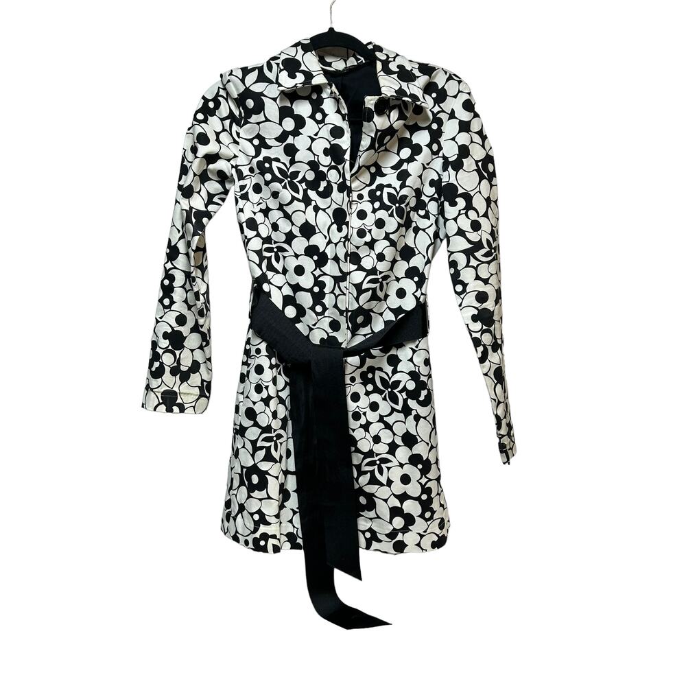 ZINC Black White Floral Print Belted‎ Trench Coat Jacket Women's Small S